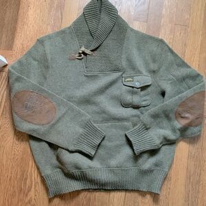 Olive Green Wool Sweater with Elbow Patches